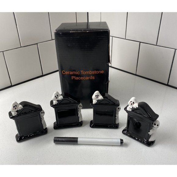 HARRY AND DAVID HALLOWEEN CERAMIC GHOST TOMBSTONE PLACE CARDS, (4), EUC - Picture 2 of 6